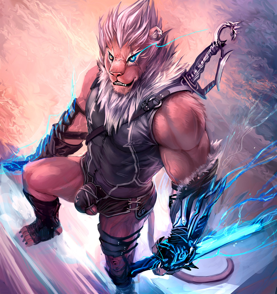 anthro balls beast biceps bulge cheetahpaws clothing feline from_above glowing hair legwear lion male mammal muscles nude penis pose solo standing sword tight_clothing toeless_socks water weapon white_hair