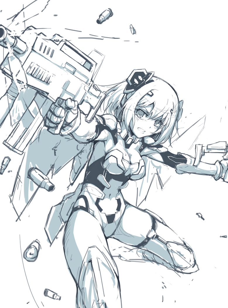 armor breasts cleavage clenched_teeth date_a_live dual_wielding fangdan_runiu gun holding medium_breasts monochrome shell_casing short_hair solo tears teeth tobiichi_origami weapon