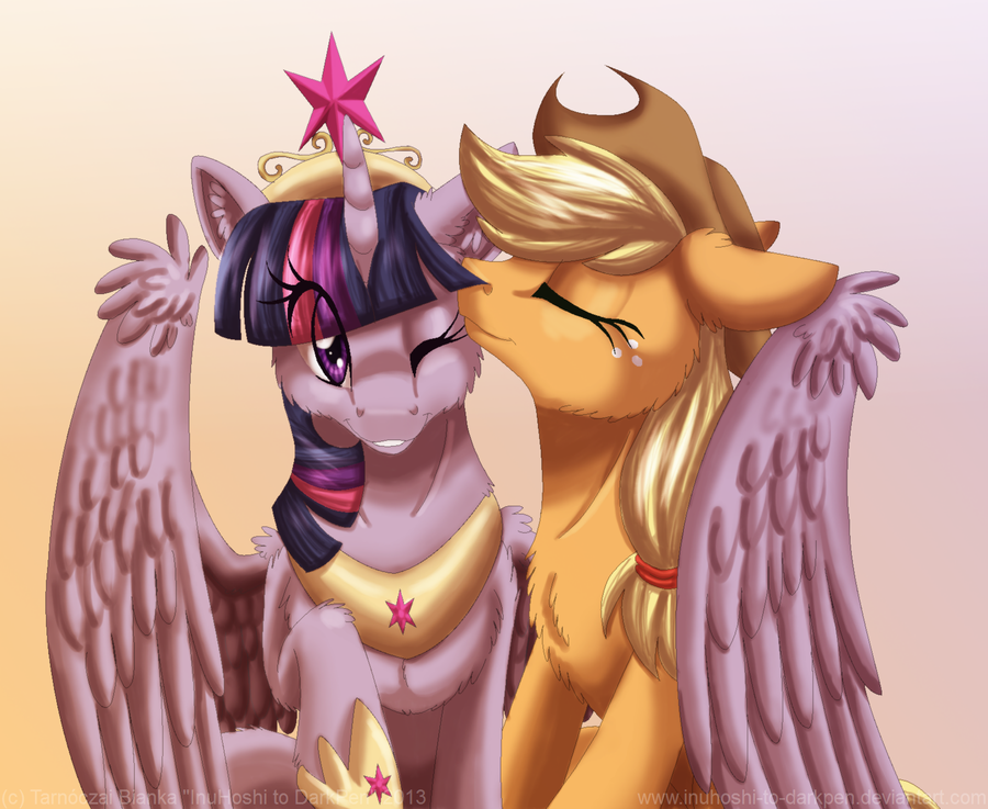 applejack_(mlp) blonde_hair couple cowboy_hat crown cute duo equine female feral freckles friendship_is_magic gold hair hat horn horse hug inuhoshi-to-darkpen mammal multi-colored_hair my_little_pony necklace plain_background pony purple_eyes twilight_sparkle_(mlp) winged_unicorn wings