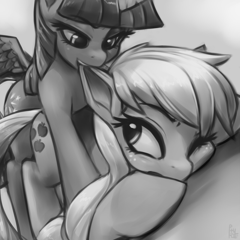 applejack_(mlp) bent_over cutie_mark duo ear_biting english_text equine female feral freckles friendship_is_magic greyscale hairband horn horse lesbian mammal monochrome my_little_pony one_eye_closed phurie pony sex suggestive text twilight_sparkle_(mlp) wing_boner winged_unicorn wings