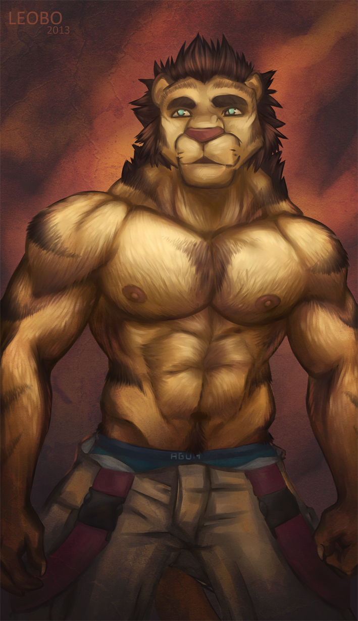 anthro belt biceps big_muscles blue_eyes brown_fur brown_hair chest_tuft clothing feline firefighter firefighter_uniform fur grin hair hunk leobo lion male mammal manful manly muscles nipples pants pecs pink_nose pose smile solo standing strength topless tuft underwear uniform virility