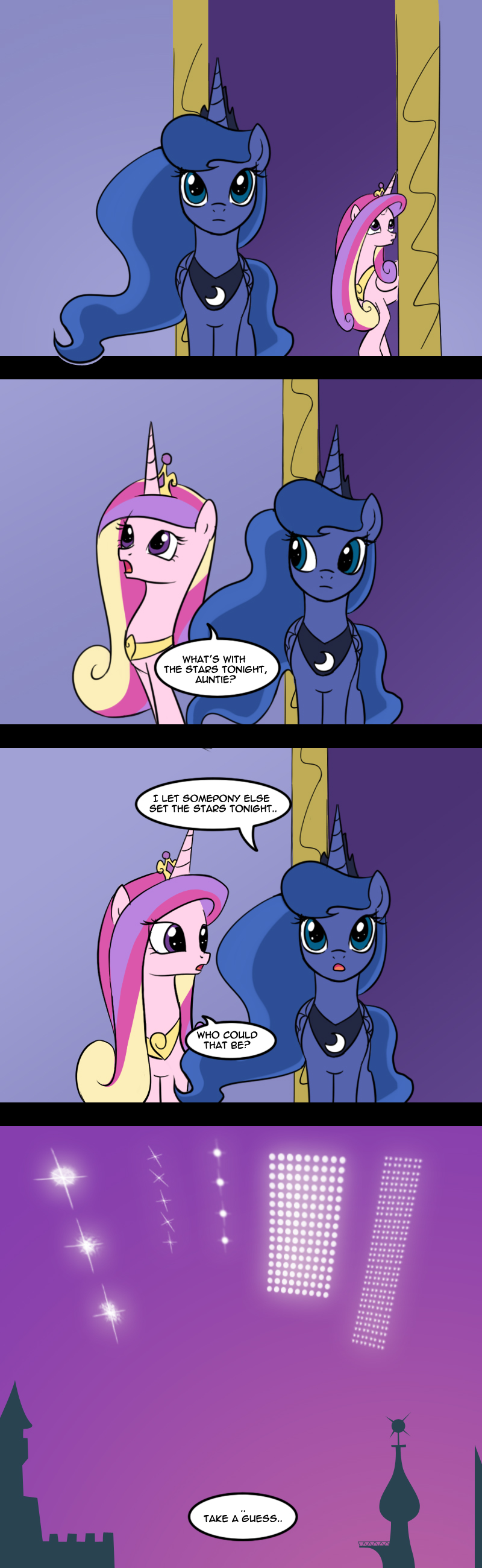 blue_fur blue_hair canterlot comic crown dialog duo english_text equine female feral friendship_is_magic fur hair horn horse mammal multi-colored_hair my_little_pony night open_mouth pony princess_cadance_(mlp) princess_luna_(mlp) royalty stars text twilite-sparkleplz winged_unicorn wings