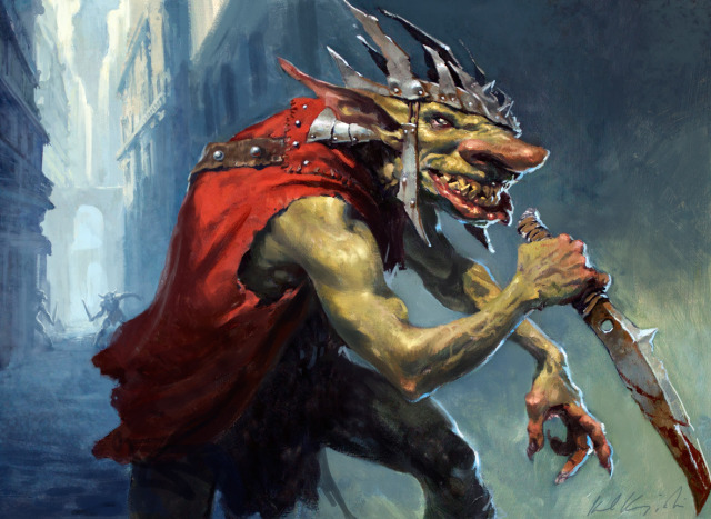 anthro black_eyes clothed clothing detailed_background goblin green_skin helmet knife magic_the_gathering monster outside signature smile solo sword teeth unknown_artist walking weapon wizards_of_the_coast