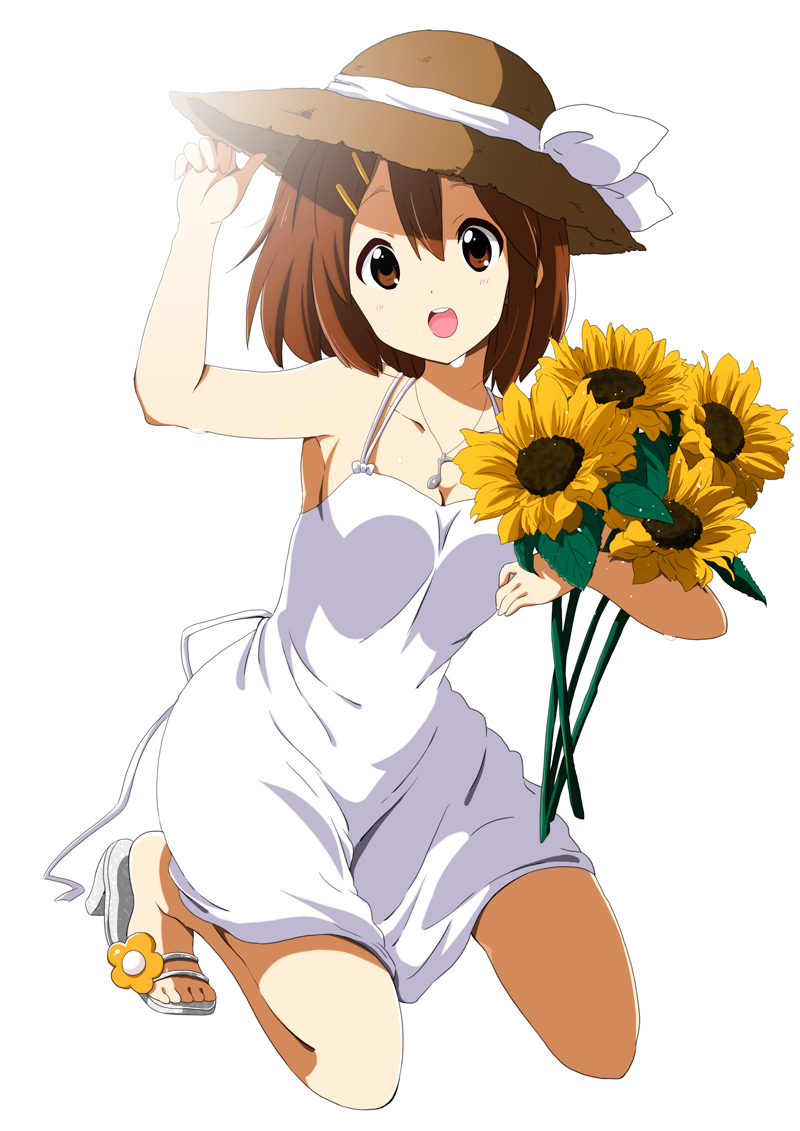 :o bare_shoulders blush brown_eyes brown_hair dress flower hair_ornament hairclip hand_on_headwear hat hirasawa_yui jewelry k-on! kneeling looking_at_viewer necklace official_style open_mouth open_toe_shoes ragho_no_erika round_teeth sandals shoes short_hair smile solo sun_hat sundress sunflower teeth
