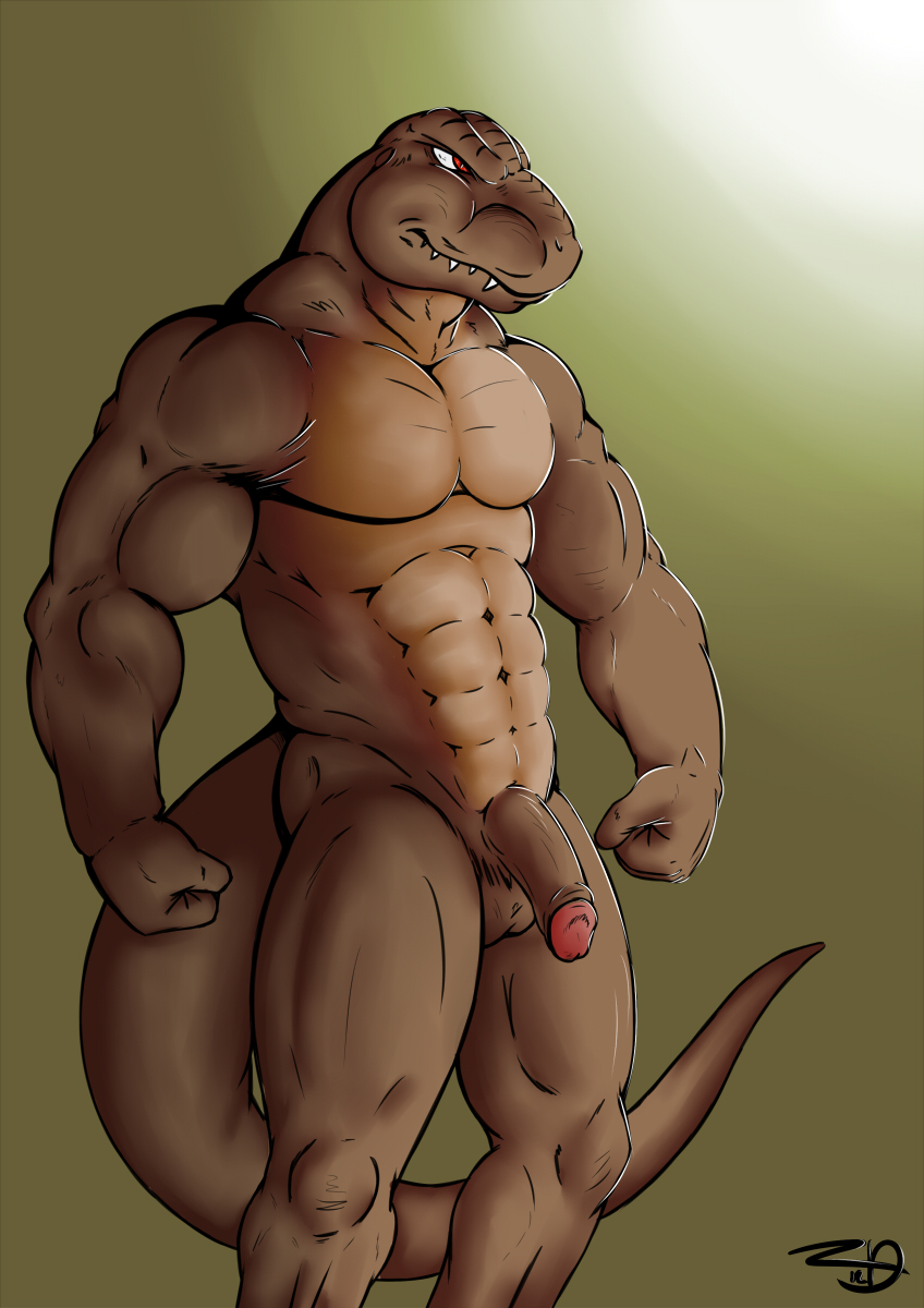 abs anthro balls biceps big_muscles brown_background brown_skin bulge dinosaur erection fangs fist front green_background grin hairless half-erect humanoid_penis male muscles naughty_face nude pecs penis plain_background pose presenting rape_face red_eyes reptile scales scalie sharp_teeth smile solo standing teeth theropod toned topless tyrannosaurus_rex uncut xxzerkkandragonxx