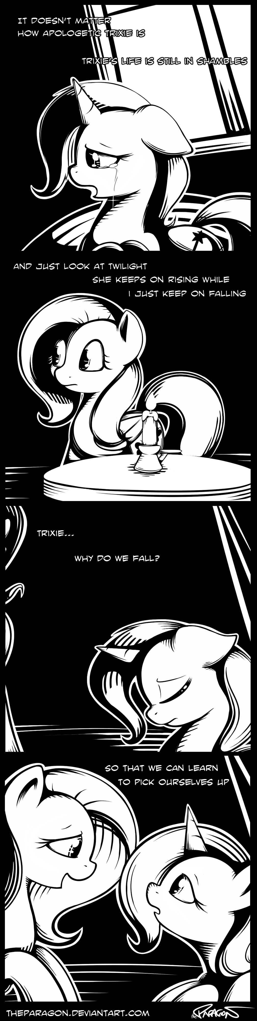 bed black_and_white candle comic crying cutie_mark dialog duo english_text equine eyes_closed female feral fluttershy_(mlp) friendship_is_magic horn horse inside mammal monochrome my_little_pony open_mouth pegasus pony sad simple_background smile table tears text theparagon trixie_(mlp) unicorn window wings