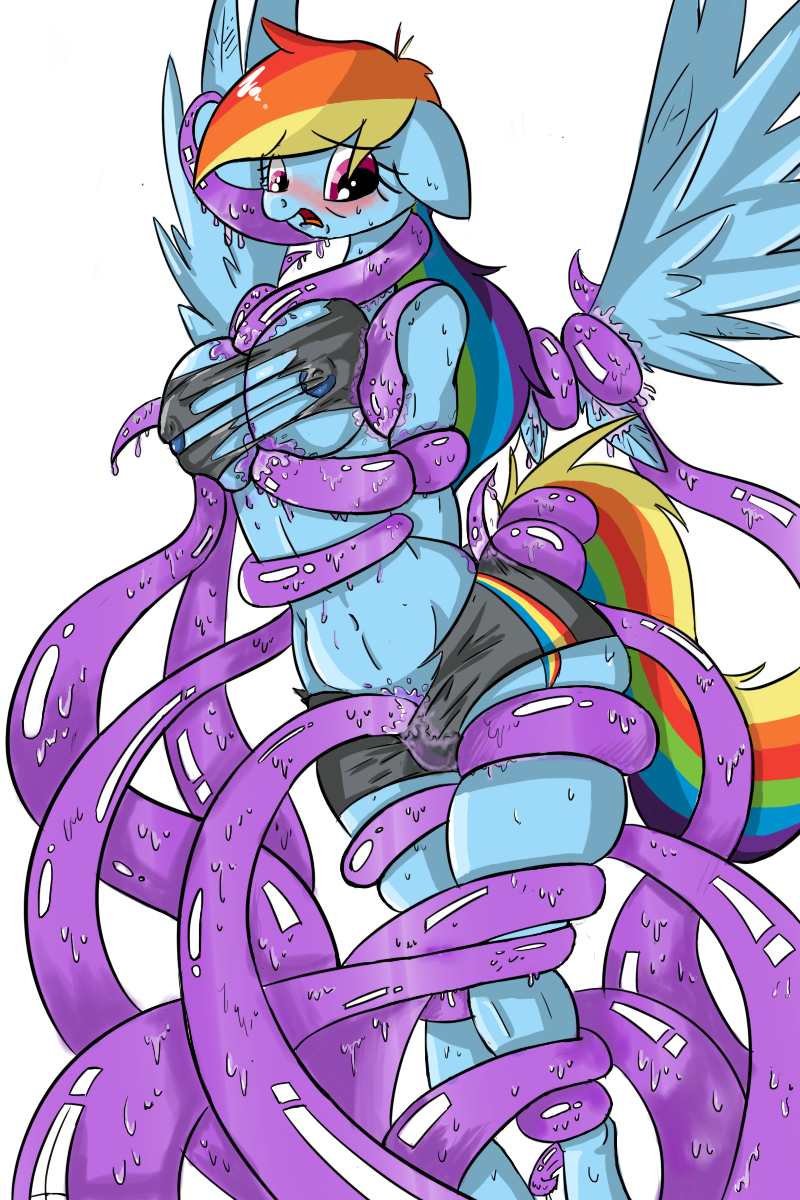 anthro anthrofied blue_fur blush bound breasts cladz clothing cutie_mark equine female friendship_is_magic fur hair horse mammal multi-colored_hair my_little_pony navel nipples pegasus plain_background pony purple_eyes rainbow_dash_(mlp) rainbow_hair solo sweat tentacles torn_clothing white_background wings