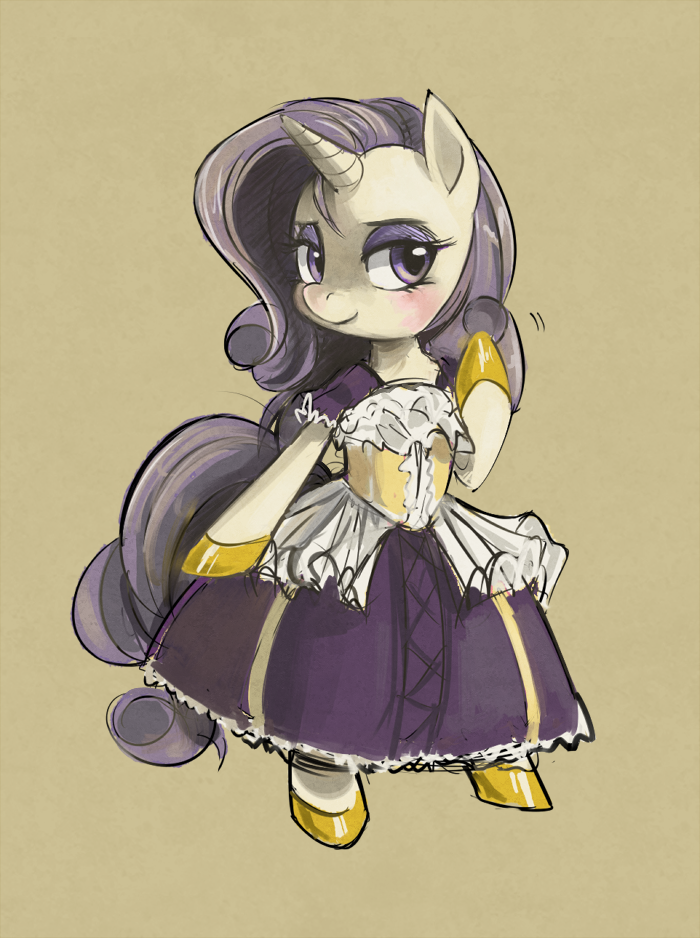 anthro anthrofied blush clothed clothing dress equine eyeshadow female friendship_is_magic fur hair horn horse looking_at_viewer makeup mammal my_little_pony plain_background pony purple_eyes purple_hair rarity_(mlp) shoes smile solo unicorn white_fur yellow_background yottabytes
