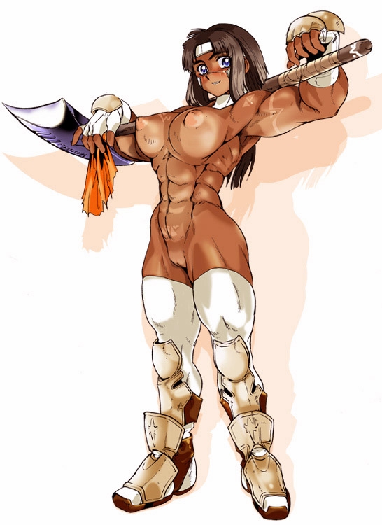 armor axe blue_eyes boots breasts brown_hair circlet female hair human mammal muscles muscular_female nipples not_furry puffy_nipples pussy shaved smile solo tan_line unknown_artist weapon
