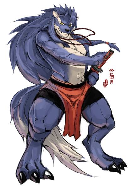 blue_fur canine duga hair long_hair looking_at_viewer male muscles plain_background solo sourou_cerulean_wolf sword topless weapon wolf