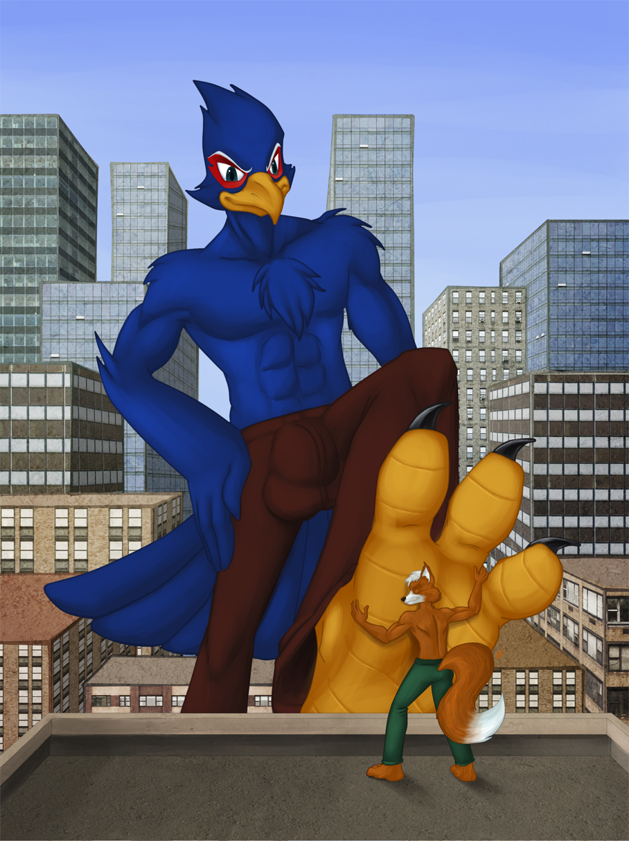 anthro avian barefoot biceps bulge canine chest_tuft city clothing duo falco_lombardi foot_fetish foot_focus fox_mccloud fur gay hindpaw macro male mammal muscles nintendo pants paws pecs redfeathers star_fox topless tuft video_games