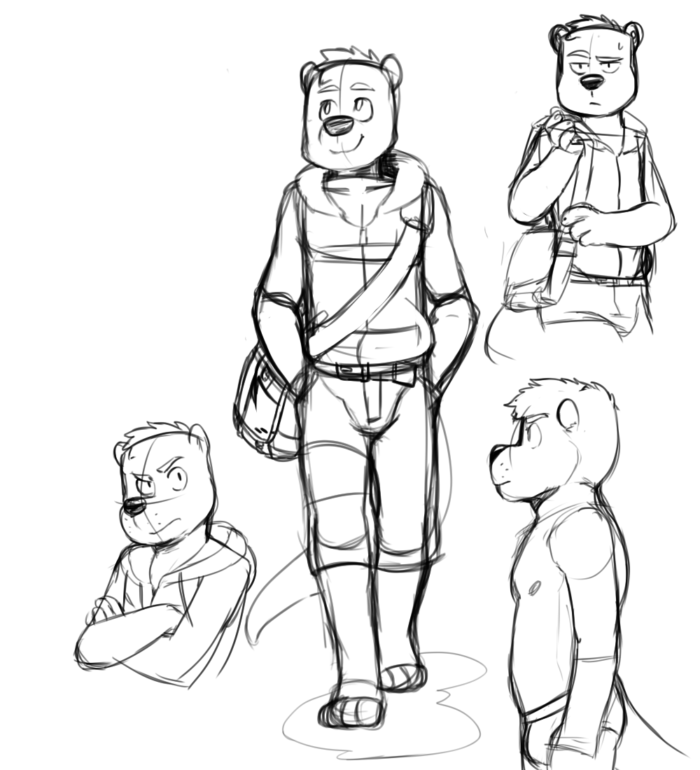 angry bare_foot barefoot briefs clothig clothing coat crossed_arms expressions genchi hand_bag line_art male mammal messenger_bag model_sheet mustelid nude otter partial_clothing sketch smile underwear walking