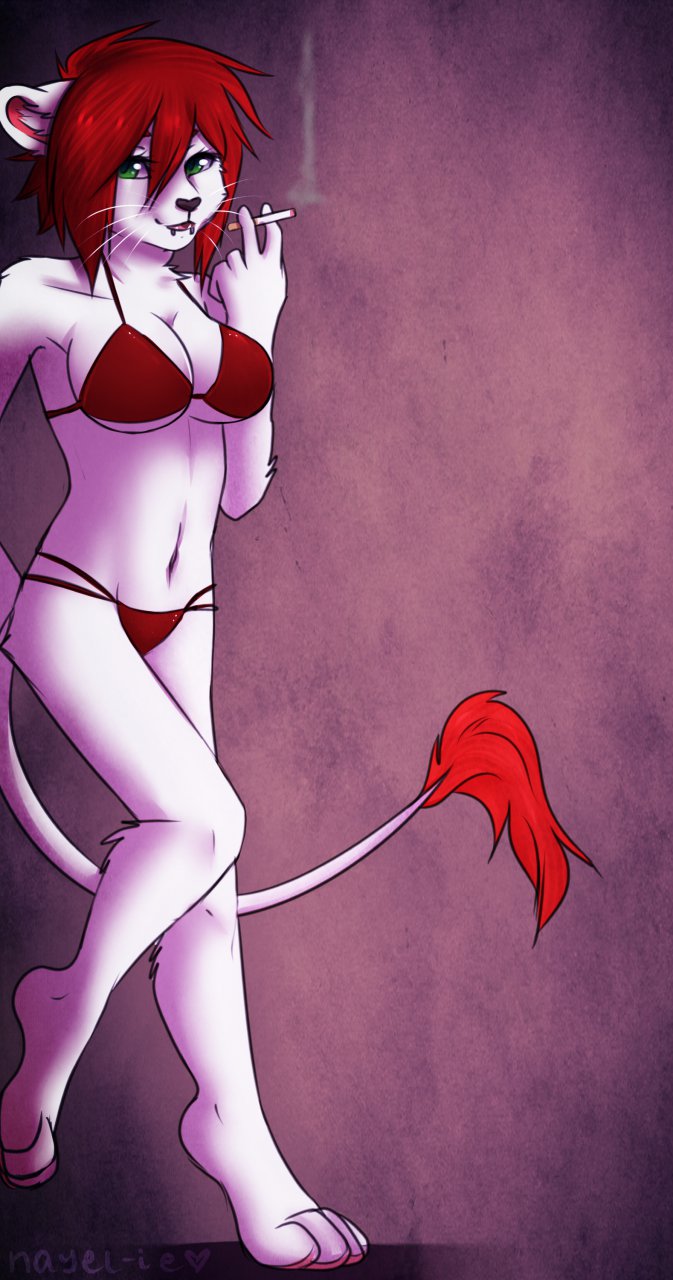 breasts cigarette clothed clothing feline female green_eyes hair lion lip_ring looking_at_viewer mammal maya_white mayawhite navel nayel-ei nayel-ie open_mouth piercing red_hair skimpy smoking snake_bites snakebites solo swimsuit tight_clothing whiskers
