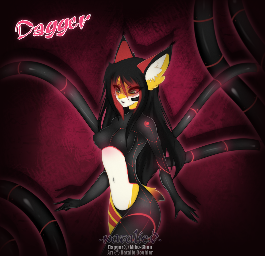black_hair dagger eyes_open female fur green_eyes hair herbsthase na-namie open_mouth pink_background plain_background red_ears weapon white_belly yellow_fur