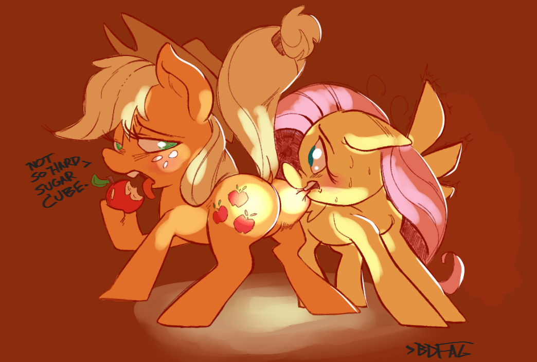 apple applejack_(mlp) bdrawfag bite blonde_hair blush butt collaboration cowboy_hat cutie_mark duo english_text equine female feral fluttershy_(mlp) freckles friendship_is_magic fruit fur green_eyes hair hat horse lesbian looking_back mammal my_little_pony orange_fur pegasus pink_hair plain_background pony rustydooks sweat text tongue tongue_out wings yellow_fur