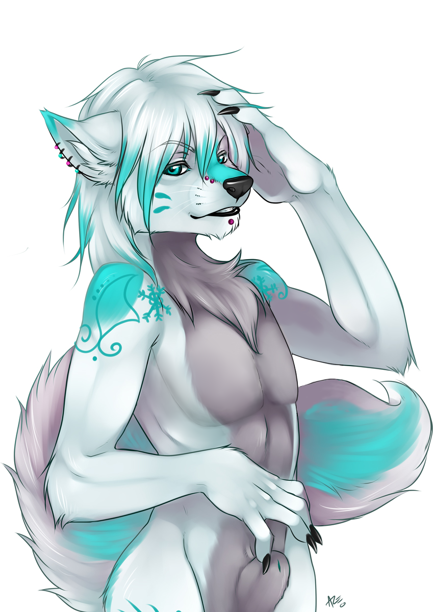 azelyn canine chest_tuft claws crossgender cyan_eyes ear_piercing edit facial_piercing fur furry-specific_piercing looking_at_viewer male mammal muzzle_piercing nose_piercing nude penis piercing plain_background sheath solo tattoo tuft whiskers white_background wolf