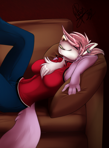 2012 belt breasts chest_tuft clothed clothing ear_piercing eyes_closed female fur hair pants piercing pink_fur pink_hair pink_nose relaxing roxy shirt sofa tuft wolflady