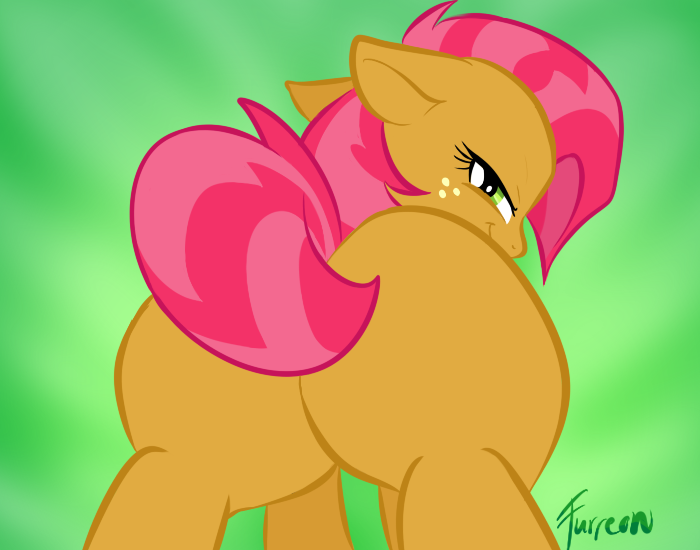 babs_seed_(mlp) back_turned butt cutie_mark english_text equine female feral freckles friendship_is_magic fur furreon green_background hair half-closed_eyes horse looking_at_viewer looking_back mammal my_little_pony orange_fur pink_hair plain_background pony presenting presenting_hindquarters red_hair short_hair signature smile solo tail_censorship text two_tone_hair young
