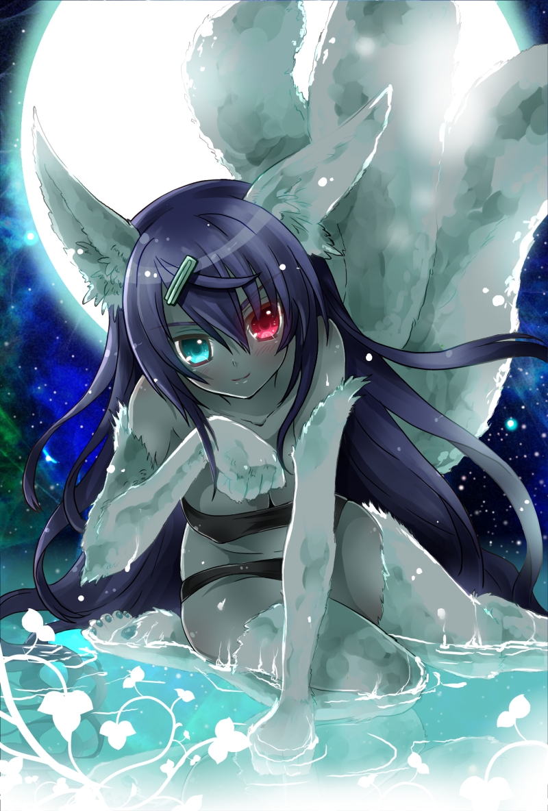 5_toes anthro arm_support barefoot big_ears blush breasts canine clothing cute cyan_eyes female fist flower fox fur grey_fur hair heterochromia isago kneeling long_hair looking_at_viewer mammal moon moonlight multiple_tails nature night night_sky pawpads paws playful pose red_eyes sky smile solo stars toes water wet