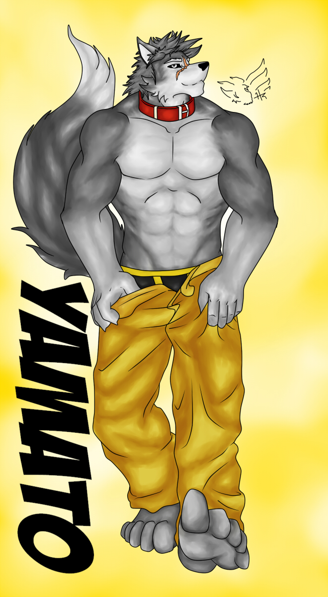 anthro belt biceps big_muscles black_nose boxers canine clothing collar fur grey_eyes grey_fur grey_hair grin hair hunter hunterramirez male mammal muscles pants paws pecs plain_background pose scar smile solo standing toned topless underwear undressing wolf yellow_background