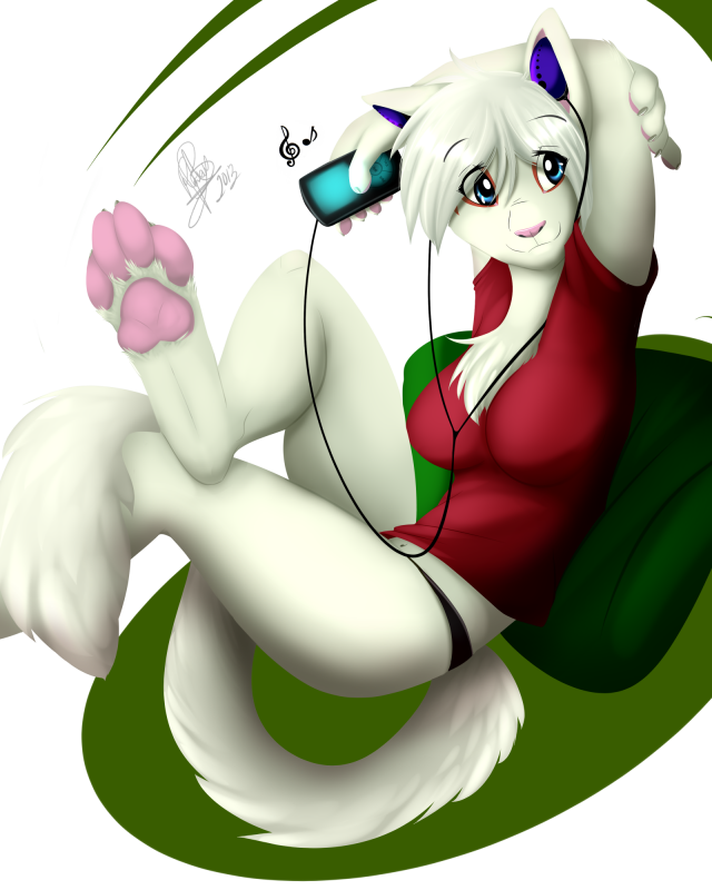 2013 :3 blue_eyes breasts cleavage clothed clothing eyes_open female fur hair hindpaw music paws pink_nose plain_background relaxing sitting white_background white_ears white_fur white_hair winter_night wolflady