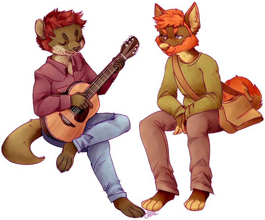 anthro canine dog duo guitar male mammal mustelid otter toasteh