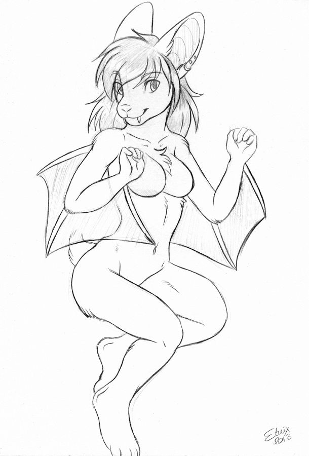 anthro bat breasts chest_tuft etuix fangs female fur hair long_hair looking_at_viewer mammal monochrome navel no_nipples nude piercing plain_background pose sketch smile solo tasteful_nudity tuft white_background winged_arms wings