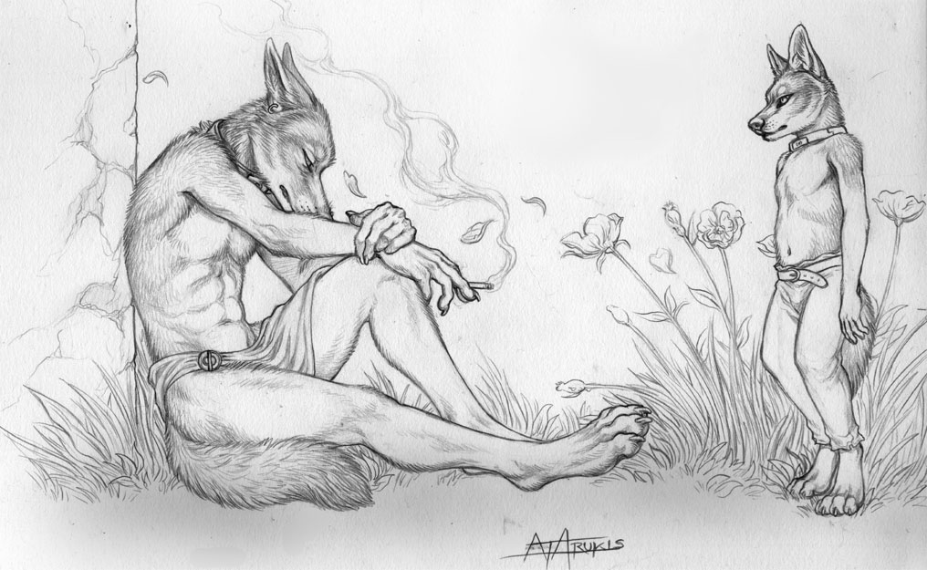 amon arm_hold belt broach canine cigarette collar cub ear_piercing flower fluffy_tail grass greyscale hand_on_leg hoop_earring jackal male mammal monochrome outside petals piercing pondering rukis sad self_reflection smoking watching young