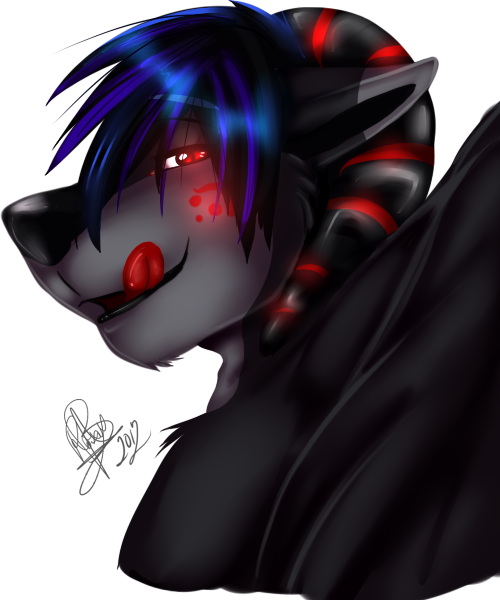 2012 ambiguous_background anthro arms_back black_fur black_hair black_nose blue_hair canine demon eyes_open fox fur glowing glowing_eyes glowing_markings grey_fur hair licking licking_lips looking_at_viewer male mammal markings multi-colored_hair plain_background portrait purple_hair raised_arm rajara red_eyes red_marking red_markings red_tongue solo tongue tongue_out two_tone_hair white_background wolflady