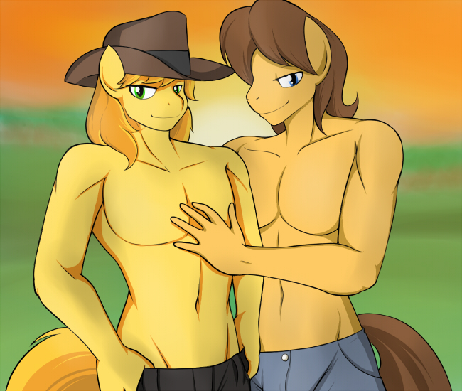anthro anthrofied blue_eyes braeburn_(mlp) brown_hair caramel_(mlp) clothed clothing cowboy_hat duo equine friendship_is_magic fur gay green_eyes hair hat horse looking_at_viewer male mammal marik_azemus34 my_little_pony orange_hair outside partially_clothed pony sun sunset topless yellow_fur