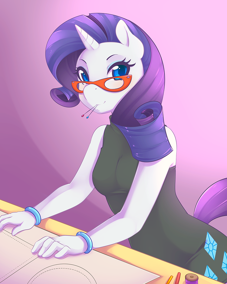 anthro anthrofied blue_eyes bracelet dress equine eyewear female friendship_is_magic glasses hair horn horse inside jewelry long_hair looking_at_viewer makeup mammal my_little_pony pin pony purple_hair rarity_(mlp) smile solo spazzykoneko standing unicorn white_skin