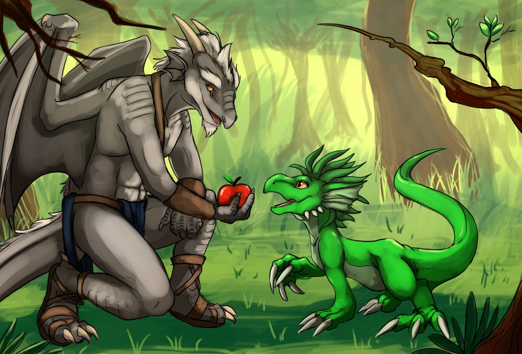ambiguous_gender anthro apple beard biceps bracelet claws clothing crouching digitigrade dragon duo facial_hair feral forest fruit grass gray_dragon green_body green_hair grey_scales hair horn jewelry loincloth male outside sandals shadowkeeper size_difference syrinoth toe_claws topless tree wings yellow_eyes