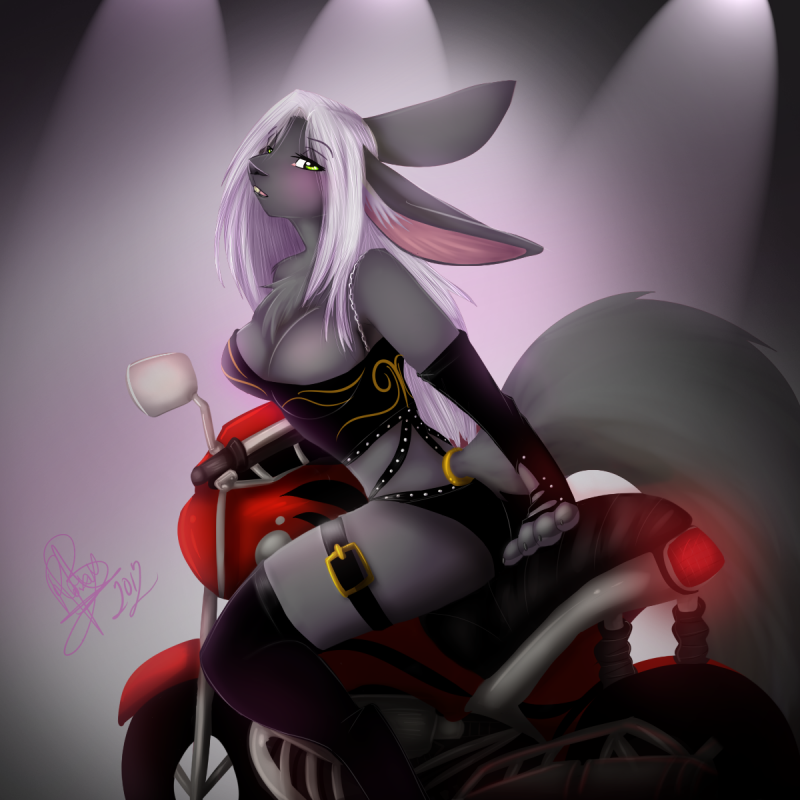 arm_warmers aurora belt black_nose boots cleavage clothed clothing corset female fur green_eyes grey_fur hair knee_highs lacing lagomorph leather mammal mirror motorcycle skimpy thigh_band thigh_socks white_hair wolflady