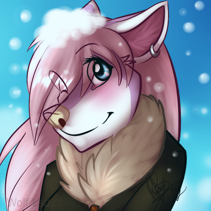 2012 ambiguous_gender blue_background blue_eyes blush cold ear_piercing fur girly hair jacket perky_ears piercing pink_fur pink_hair plain_background roxy smile snow snowing wolflady