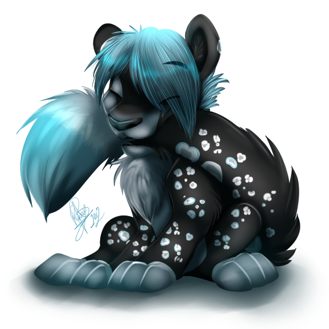 2012 ambiguous_gender black_ears black_fur black_nose chest_tuft cute cyan_fur cyan_hair eyes_closed fur haven hindpaw nom paws plain_background spots tuft white_background wolflady young