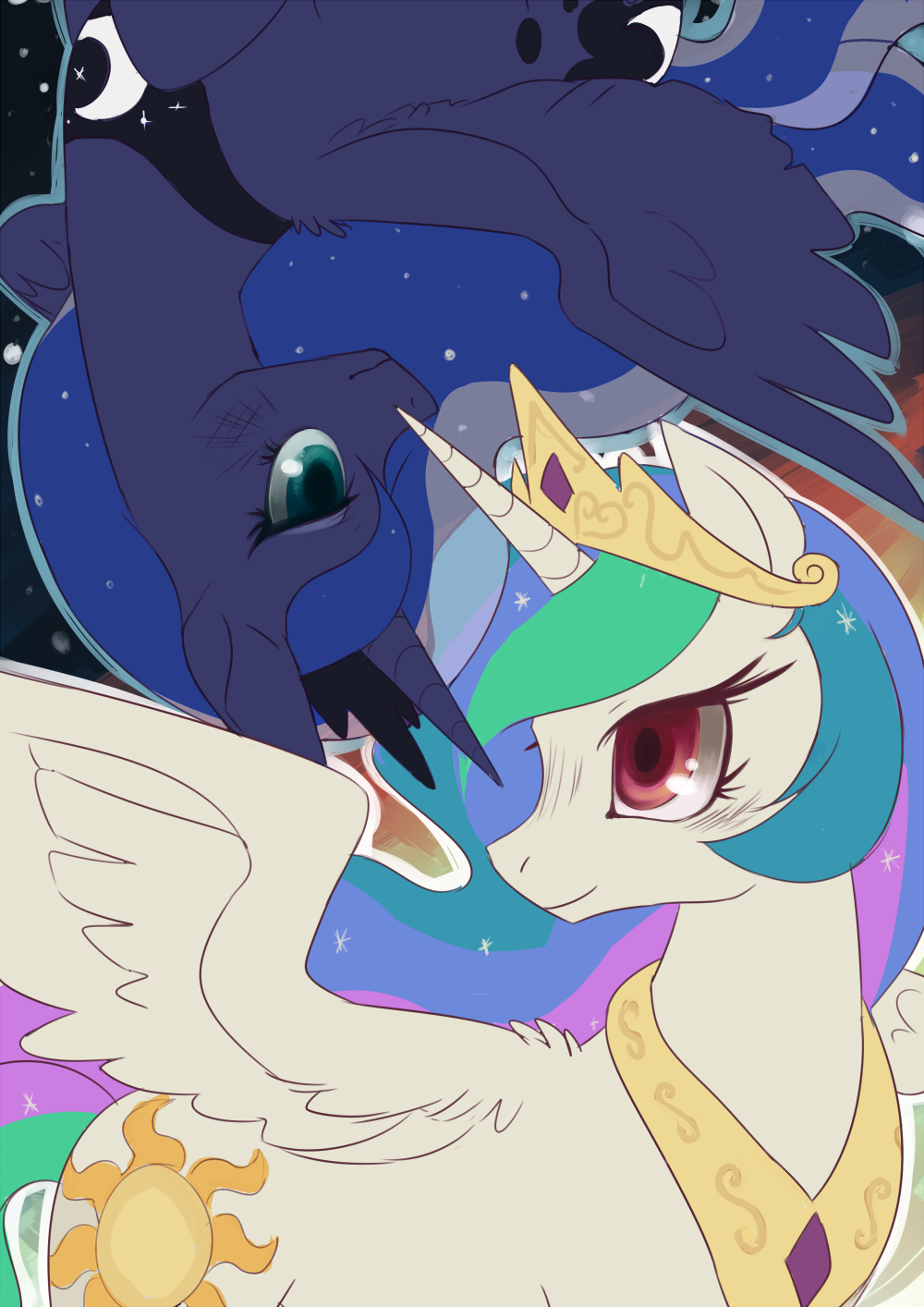 abstract_background blue_fur blue_hair crown cutie_mark duo equine female feral friendship_is_magic fur green_eyes hair horn horse long_hair mammal multi-colored_hair my_little_pony necklace pony princess princess_celestia_(mlp) princess_luna_(mlp) red_eyes royalty sibling sisters smile spread_wings stars upside_down white_fur winged_unicorn wings yottabytes