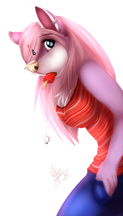 blue_eyes breasts clothed clothing ear_piercing eyes_open female fur hair open_mouth pants piercing pink_fur pink_hair plain_background popsicle roxy shirt white_background wolflady