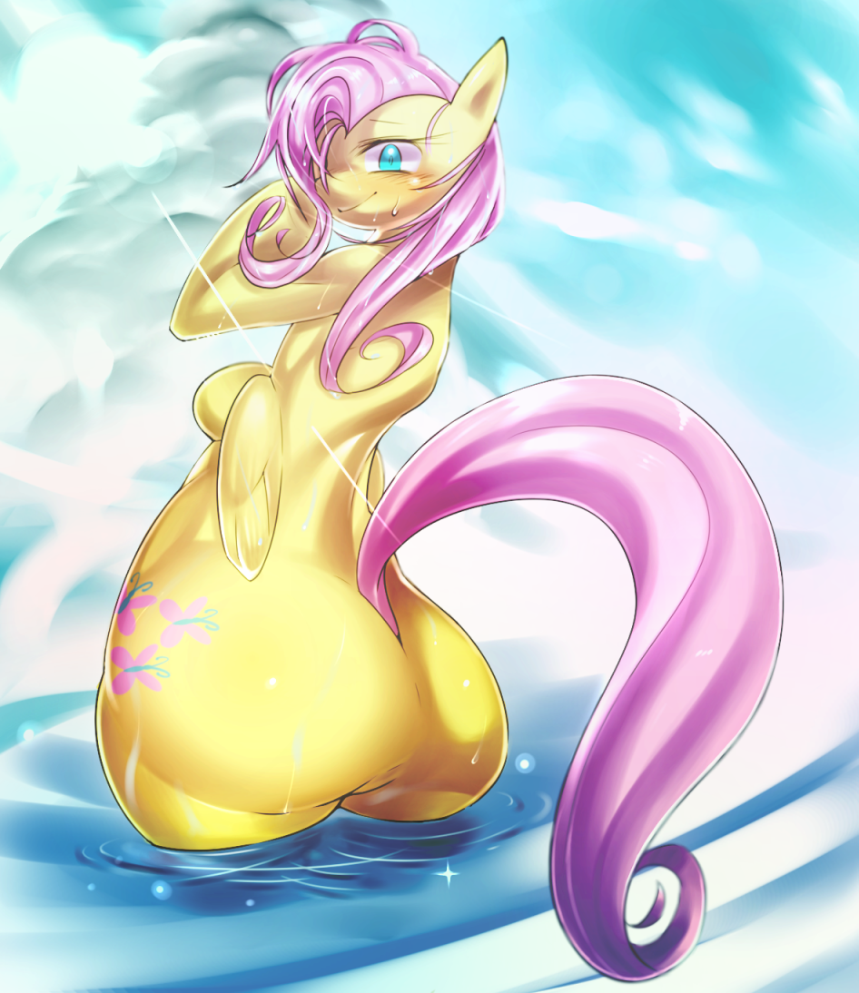 anthrofied big_butt blush butt equine female fluttershy_(mlp) friendship_is_magic looking_at_viewer mammal my_little_pony pegasus shiron_(artist) solo wide_hips wings