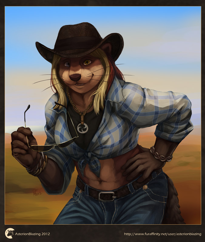 armband asterionblazing belt brown_body brown_fur clothed clothing eyewear female front fur hair hat heterochromia jewelry looking_at_viewer mammal mustelid navel necklace otter outside smile solo sunglasses whiskers