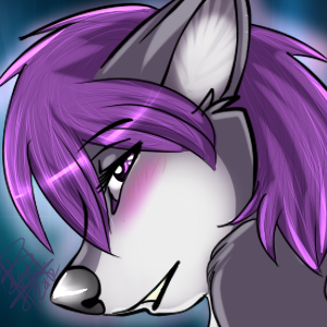 ambiguous_gender black_nose blush canine fur grey_fur hair icon jess_(teckly) looking_at_viewer low_res mammal purple_eyes purple_hair smile solo white_fur wolf wolflady