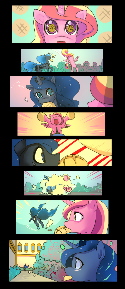 blue_eyes blue_hair bread building bushes changeling clothing comic cutie_mark duo dust_cloud eating equine eyes_closed fangs female feral fight food friendship_is_magic fur hair horn horse looking_at_viewer mammal multi-colored_hair my_little_pony open_mouth path pony princess princess_cadance_(mlp) princess_luna_(mlp) purple_eyes royalty running shocked smile window winged_unicorn wings
