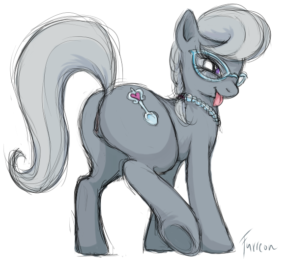 anus butt cutie_mark equine female feral friendship_is_magic fur furreon grey_fur horse mammal my_little_pony necklace plain_background pony pussy raised_tail signature silver_spoon_(mlp) solo tongue tongue_out white_background