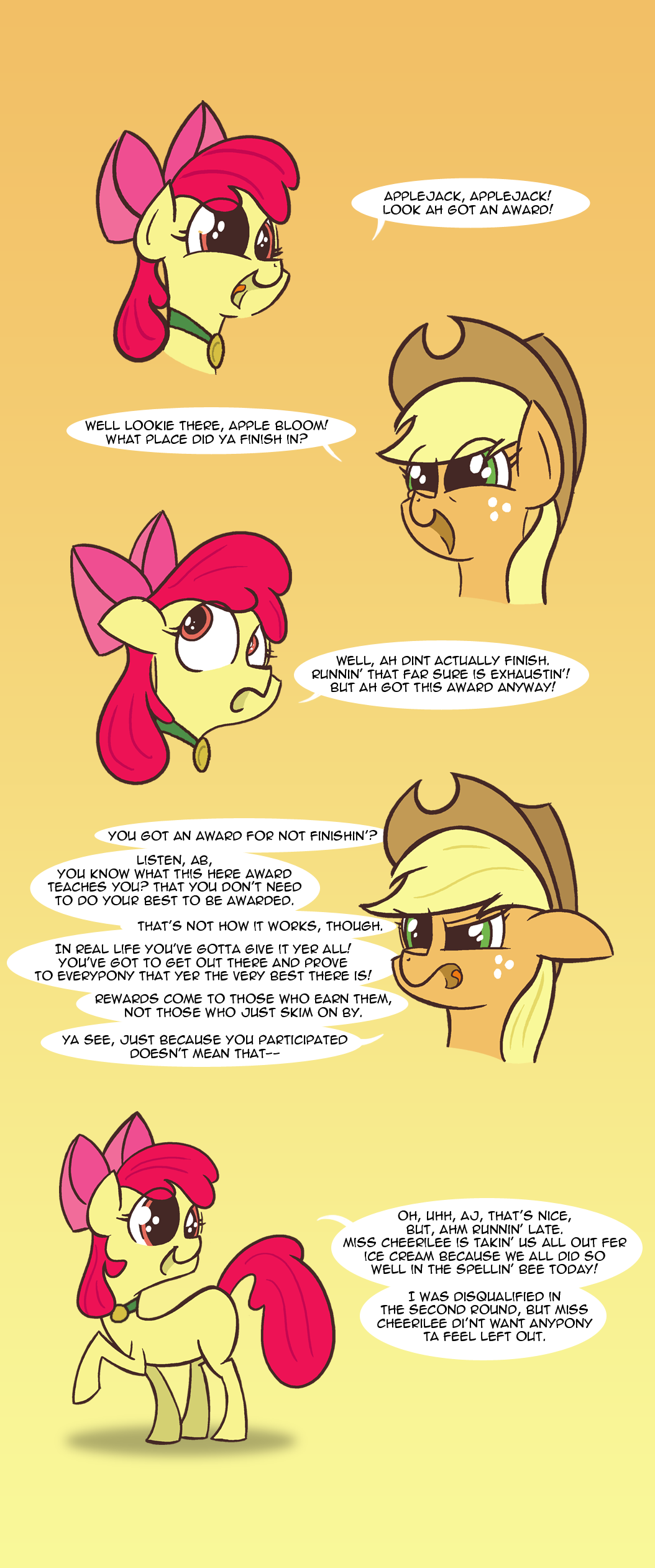 applejack_(mlp) award big_eyes blank_flank blonde_hair bow clothing comic cowboy_hat cub cute dialog duo english_text equine female feral foxy-noxy freckles friendship_is_magic fur green_eyes hair hat horse long_hair mammal metal my_little_pony necklace open_mouth plain_background pony pose red_hair smile standing text the_truth tongue young