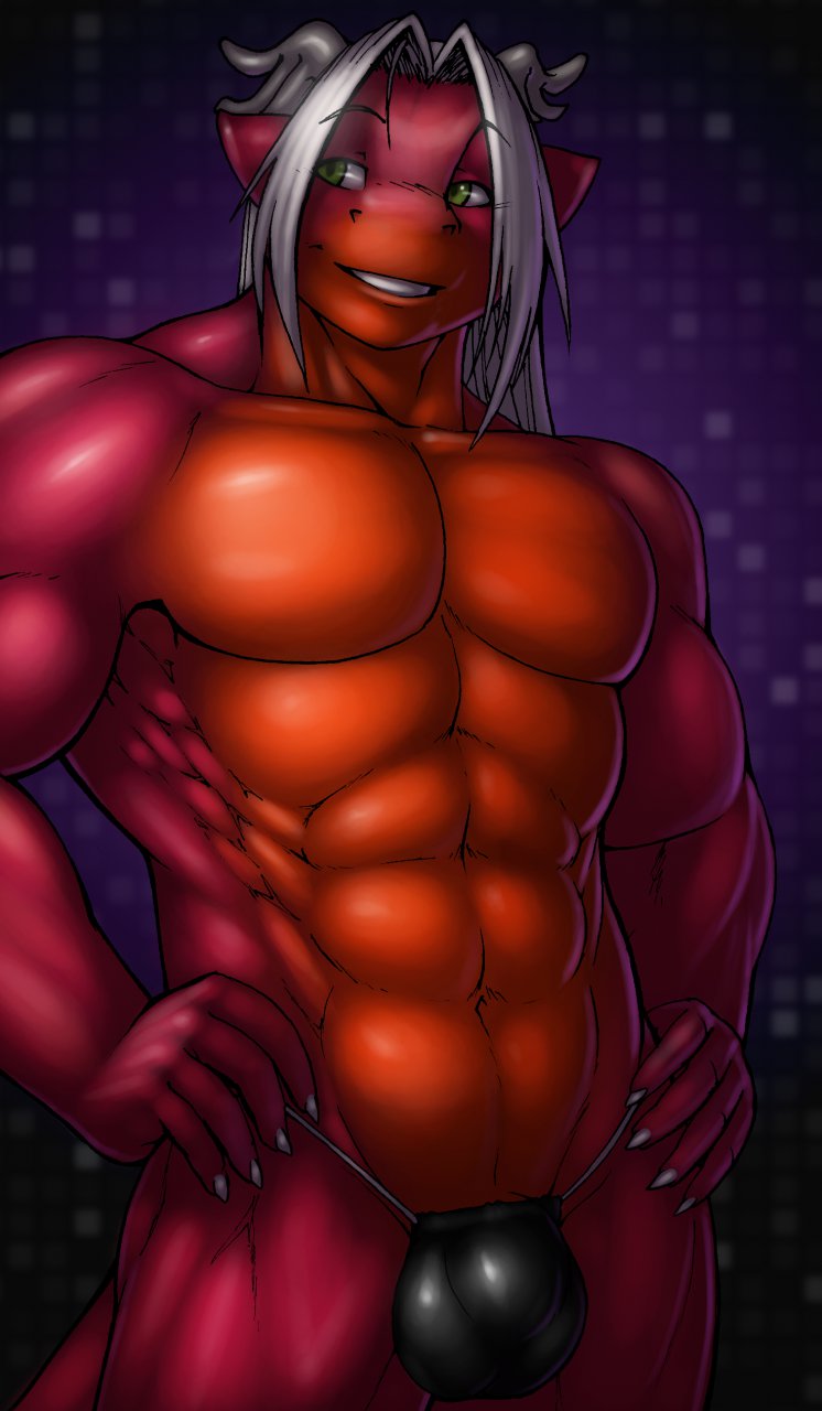 2013 abs abstract_background balls biceps bulge claws dragon green_eyes grey_hair hair hands_on_hips horn huge_muscles male muscles navel no_nipples nude pecs pose red_body rouken skimpy smile solo standing strype thong topless white_hair