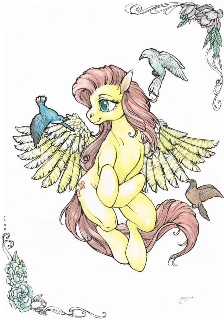 birds cutie_mark equine female feral fillyphalanx fluttershy_(mlp) friendship_is_magic fur green_eyes hair horse mammal my_little_pony pegasus pink_hair plain_background pony solo white_background wings yellow_fur