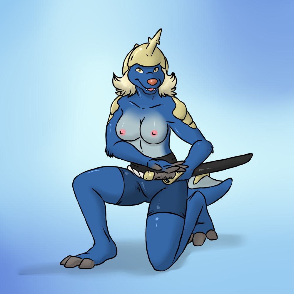 aggrobadger anthro anthrofied breasts female hair mammal mustelid nintendo otter pok&#233;mon pok&#233;morph pok&eacute;mon pok&eacute;morph samurott solo sword topless video_games weapon white_hair