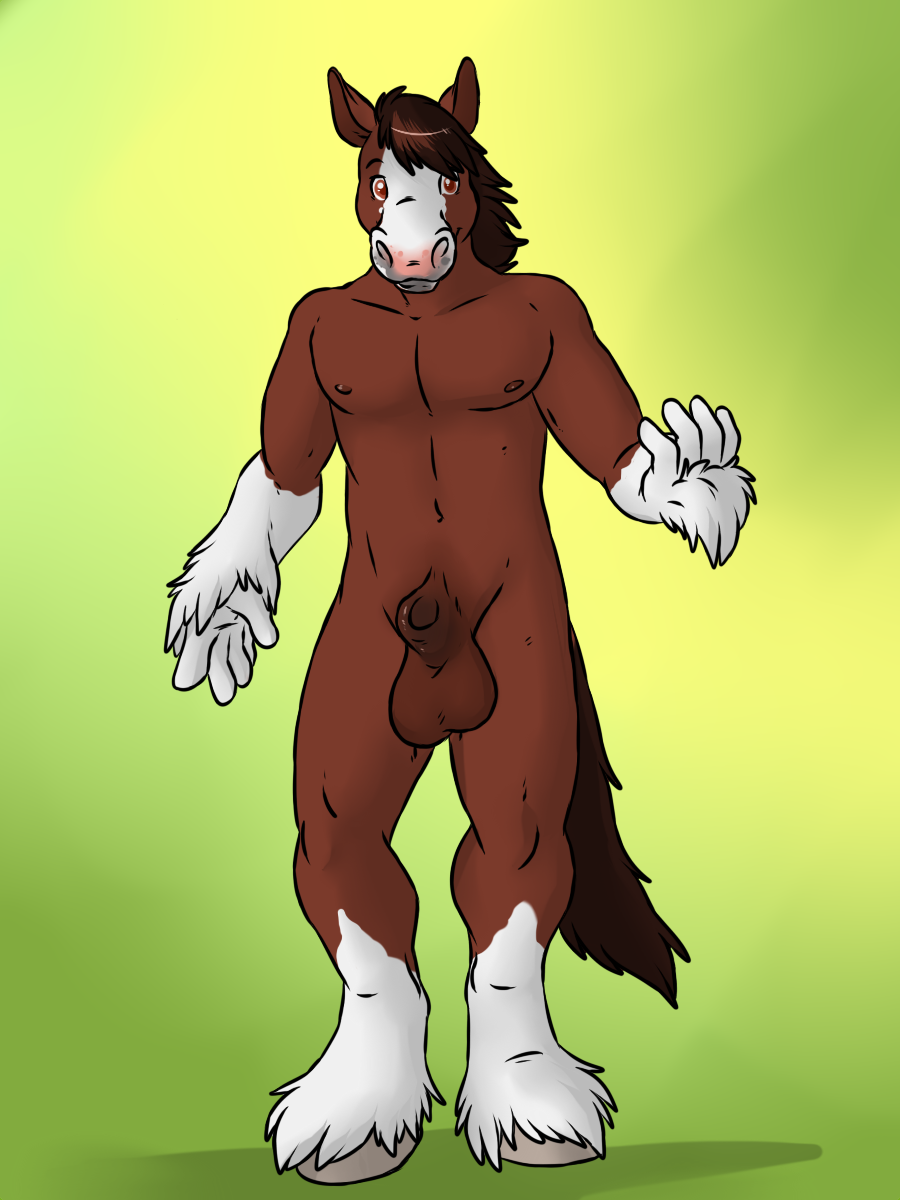 balls barefoot brown_fur brown_hair equine front fur green_background hair hooves horse looking_at_viewer male mammal markings muscles nipples nude plain_background red_eyes sheath socks_(marking) solo