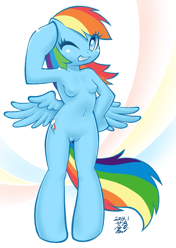 anthro anthrofied aoi_takayuki blue_eyes blue_fur breasts cute cutie_mark equine female friendship_is_magic fur hair horse looking_at_viewer mammal multi-colored_hair my_little_pony nipples nude one_eye_closed pegasus pony pussy rainbow_dash_(mlp) rainbow_hair small_breasts solo wings wink