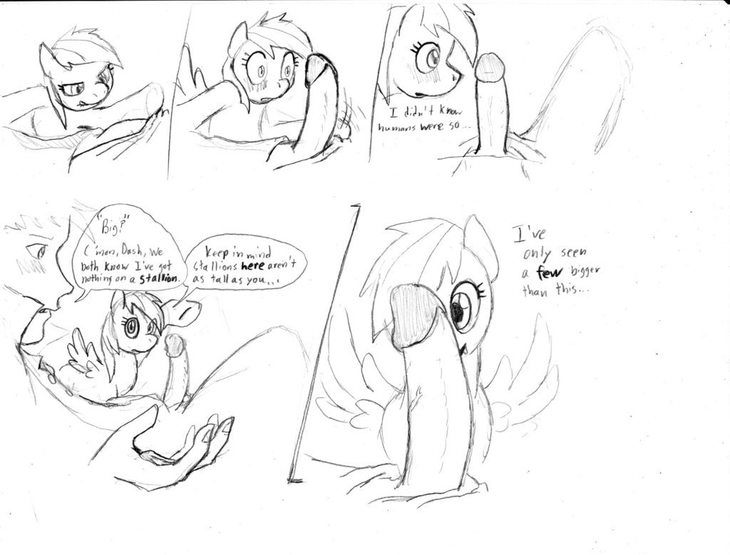 black_and_white comic dialog dj-black-n-white duo english_text equine female feral friendship_is_magic horse human interspecies male mammal monochrome my_little_pony pegasus penis pony rainbow_dash_(mlp) text unfinished wings