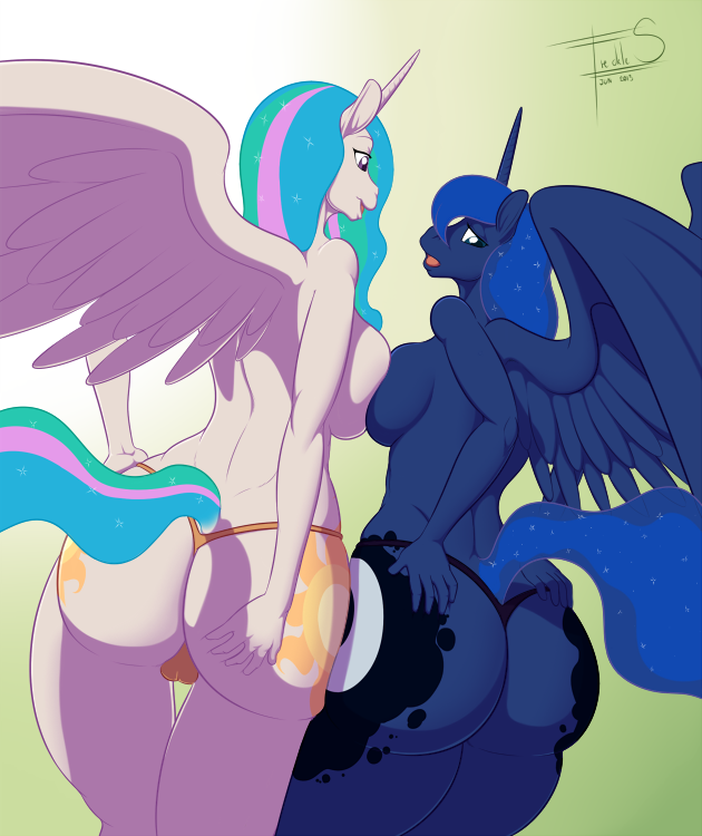 anthro anthrofied big_breasts big_butt blue_eyes blue_hair breast_squish breasts butt camel_toe couple cutie_mark duo embarrassed equine female freckles_(artist) friendship_is_magic hair horn horse huge_butt long_hair looking_back mammal multi-colored_hair my_little_pony panties pink_eyes pony princess princess_celestia_(mlp) princess_luna_(mlp) purple_eyes royalty sibling side_boob sisters smile sparkles thick_thighs thighs thong topless underwear wide_hips wing_boner winged_unicorn wings